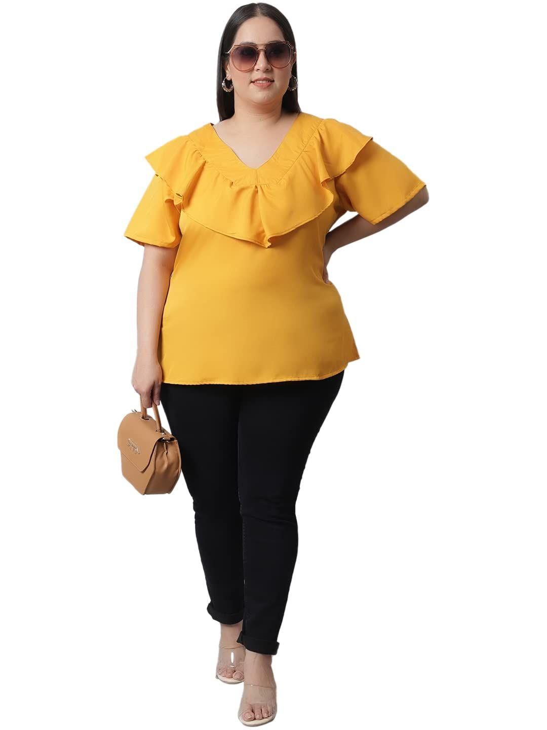 Flambeur Women's Plus Size Solid Mustard Half Sleeve Top